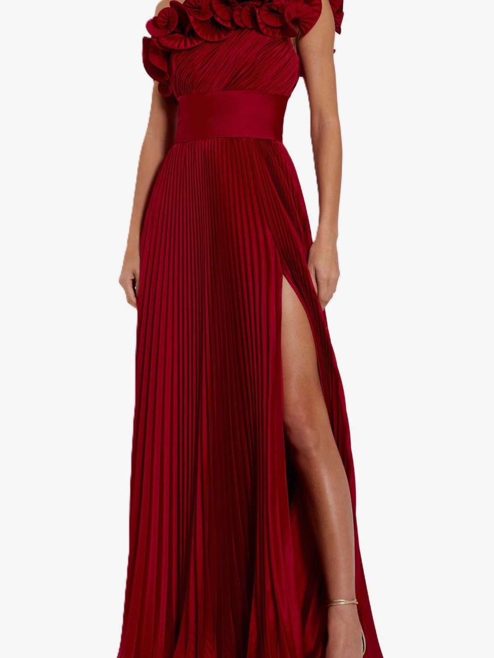 Mac Duggal Crimson One-Shoulder Pleated Maxi Gown with High Slit